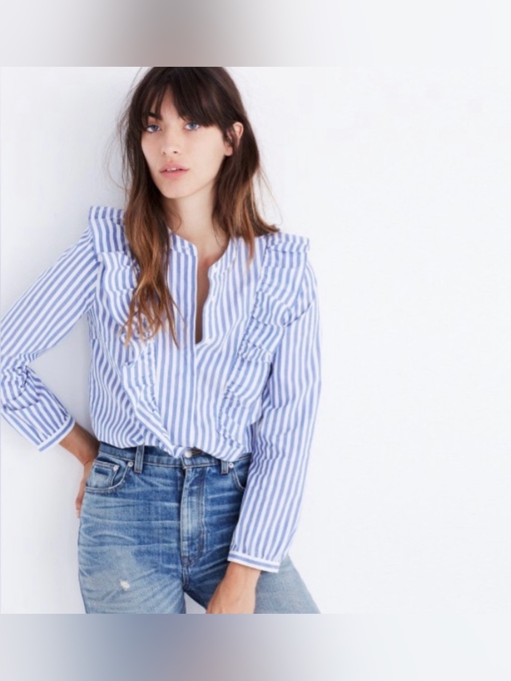Madewell Blue White Striped Ruffle Front Button Down Long Sleeve Blouse XS